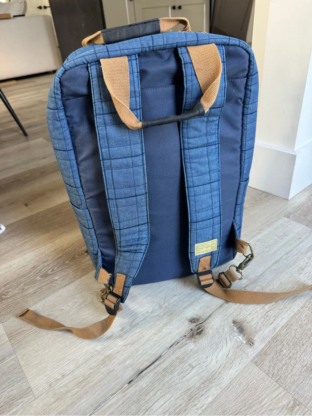 Hex Blue Quilted Backpack with Tan Straps